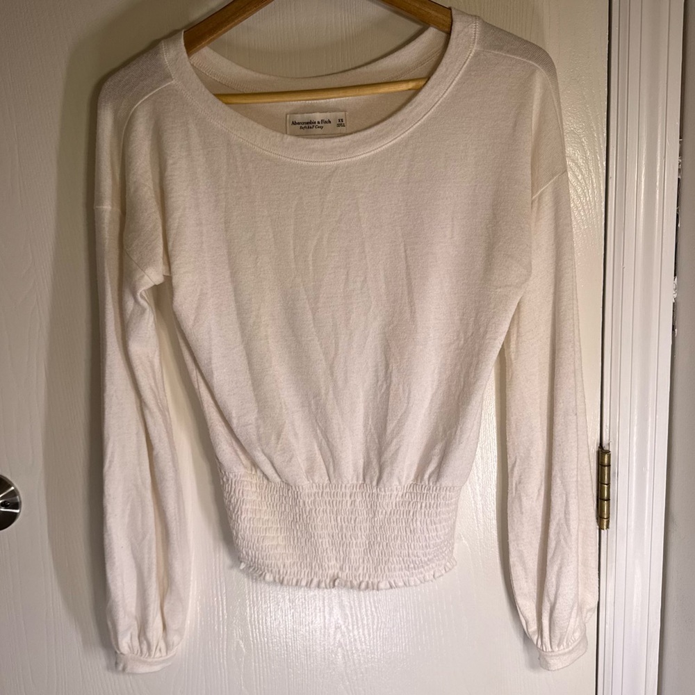 Abercrombie & Fitch Cream Long Sleeve Top Smocked Waist